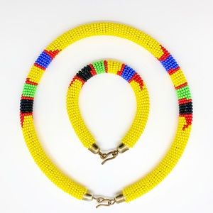 New Beaded Yellow, Blue & Red Bracelet & Necklace